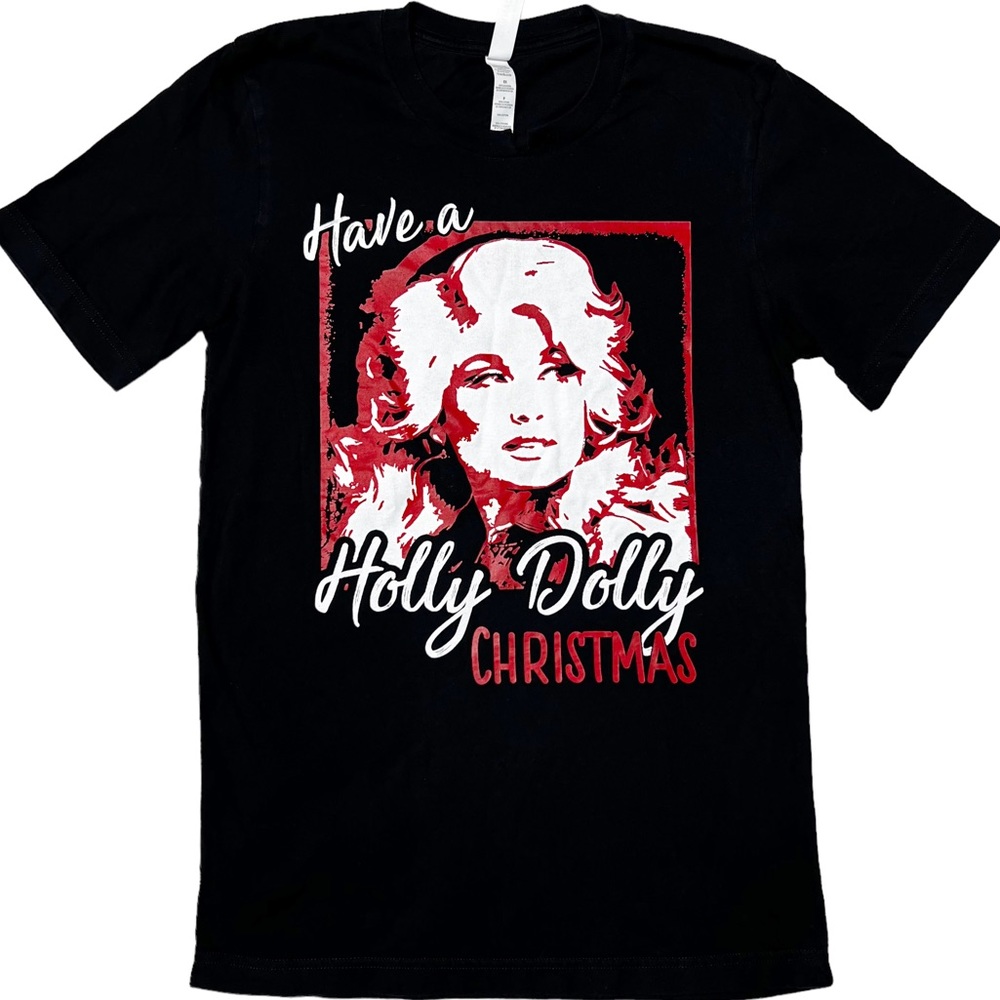 Dolly Parton Have a Holly Dolly Christmas Graphic T-Shirt Black Women’s Sz S
